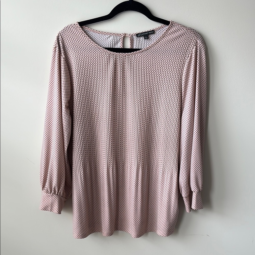 Adrianna Papell Top Women’s Large Pink & White Polka Dot Pleated Long Sleeve
